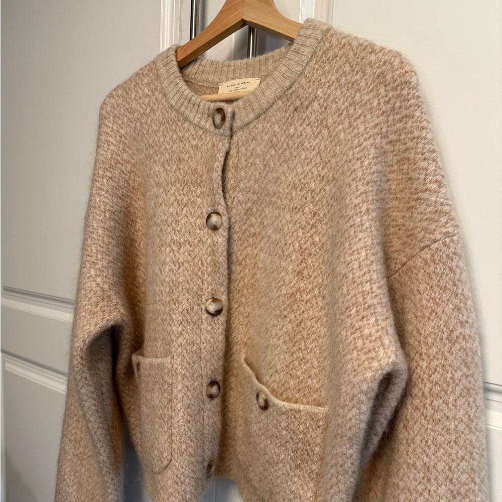 ✨Sézane Teo Jacket XL Mottled Beige Mohair Wool Cropped Knit Cardigan Coat - Picture 3 of 12